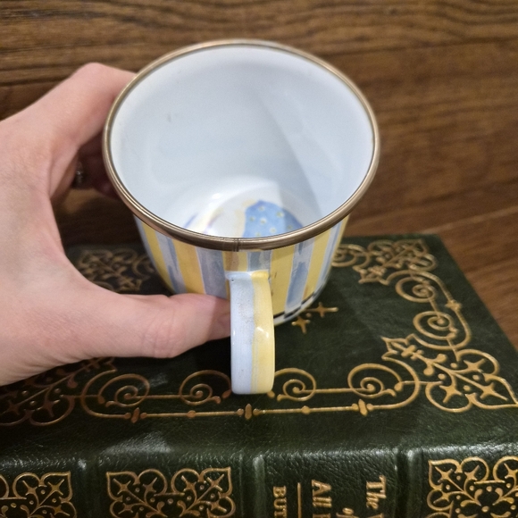 MacKenzie-Childs Blue Yellow Stripes Chess Pattern Duck Enamel Mug Retired - Picture 5 of 6